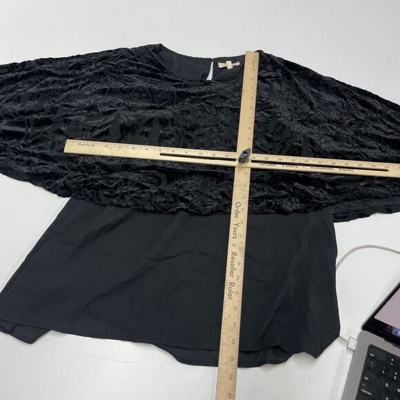 Mystree Top Womens Small Black Velvet Floral Tiered Open Sleeve Blouse‎ - Picture 6 of 8